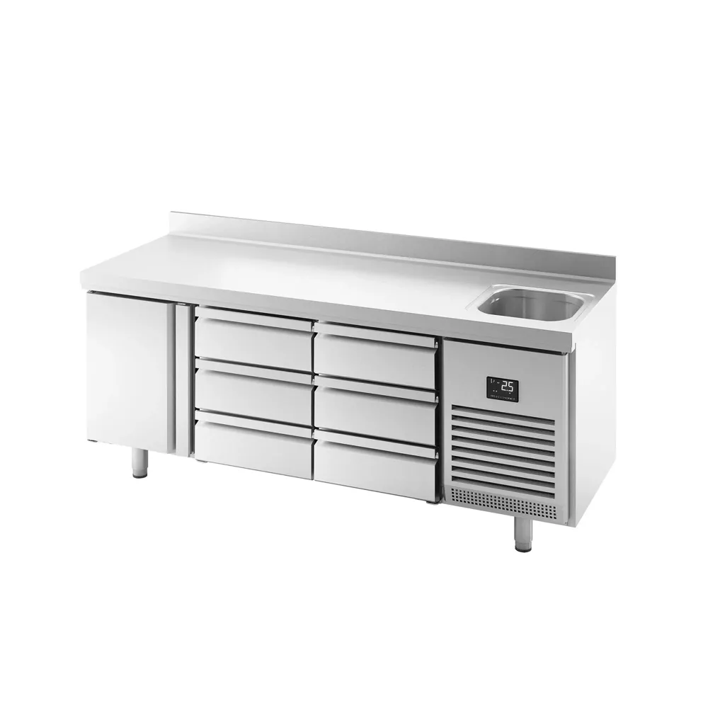 Професионална хладилна маса PREMIUM PLUS - 1960x600mm - с 1 врата - 6 чекмеджета - с мивка - с гръб 100мм