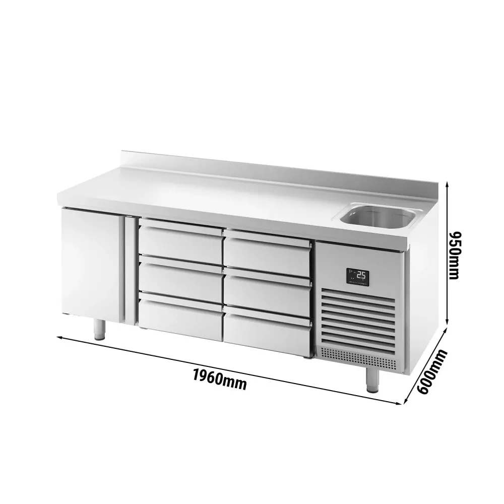 Професионална хладилна маса PREMIUM PLUS - 1960x600mm - с 1 врата - 6 чекмеджета - с мивка - с гръб 100мм