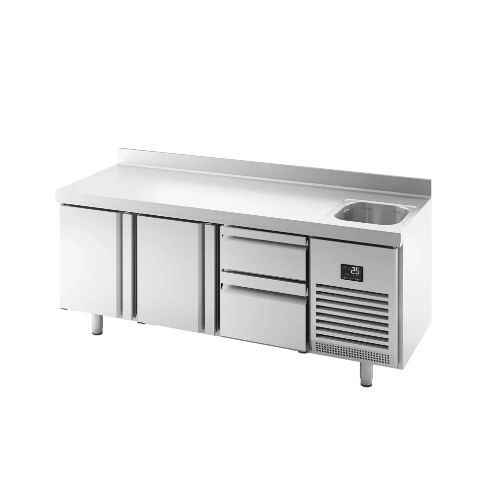 Професионална хладилна маса PREMIUM PLUS - 1960x600mm - с 2 врати - 2 чекмеджета - с мивка - с гръб 100мм