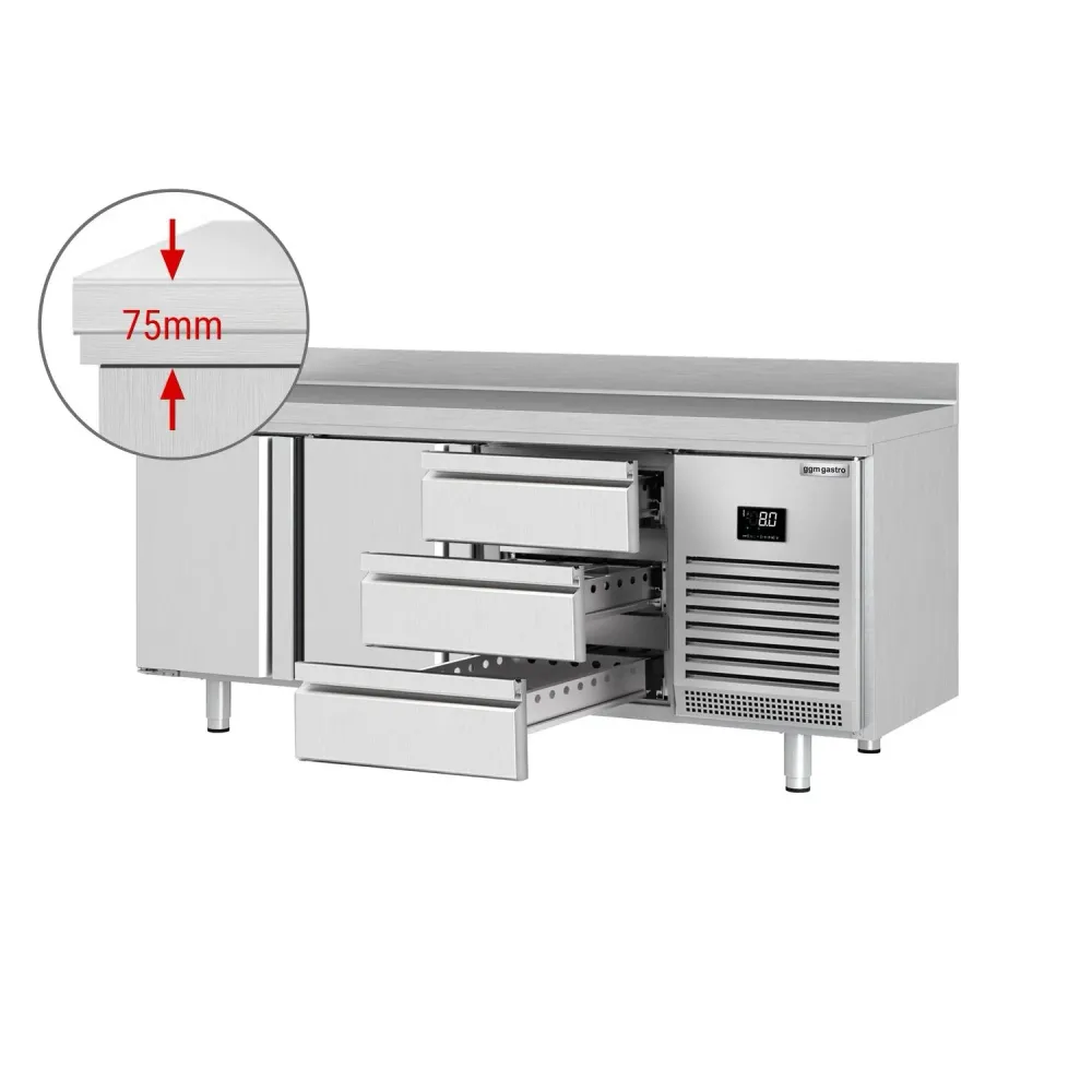 Професионална хладилна маса Premium PLUS - 1960x700mm - с 2 врати - 3 чекмеджета - с гръб 100мм - вентилирано охлаждане