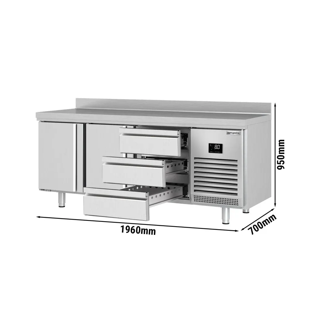 Професионална хладилна маса Premium PLUS - 1960x700mm - с 2 врати - 3 чекмеджета - с гръб 100мм - вентилирано охлаждане