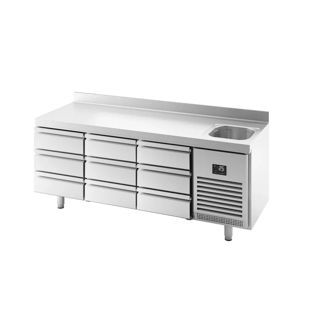 Професионална хладилна маса PREMIUM PLUS - 1960x700mm - с 9 чекмеджета - с мивка - с гръб 100мм