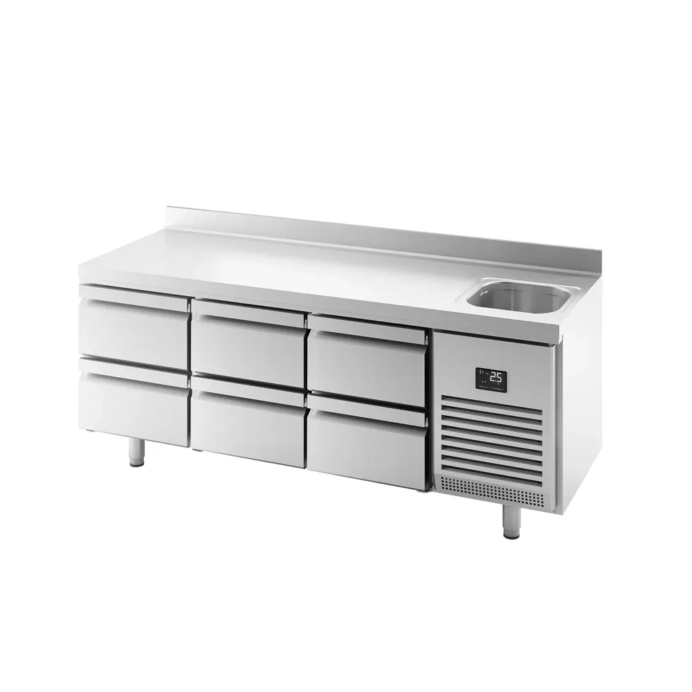 Професионална хладилна маса PREMIUM PLUS - 1960x700mm - с 6 чекмеджета - с мивка - с гръб 100мм