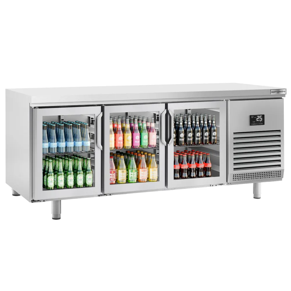 Професионална хладилна маса PREMIUM PLUS - 2185x800mm - с 3 стъклени врати - EN 600x400мм - статично охлаждане - LED освет...