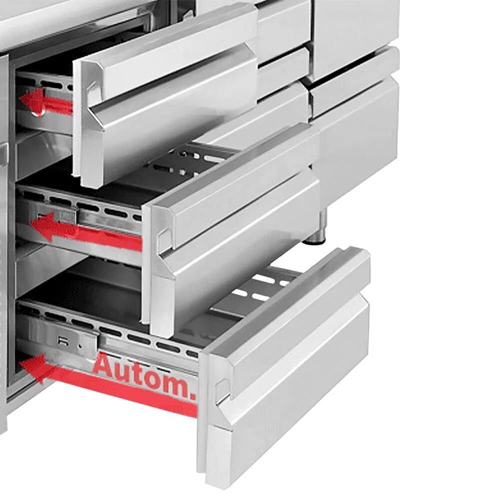 Професионална хладилна маса PREMIUM PLUS - 2452x600mm - с 1 врата - 9 чекмеджета 1/2 - с гръб 100мм - вентилирано охлаждане