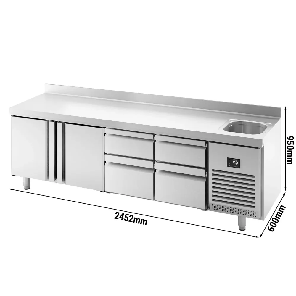 Професионална хладилна маса PREMIUM PLUS - 2452x600mm - с 2 врати - 4 чекмеджета - с мивка - с гръб 100мм