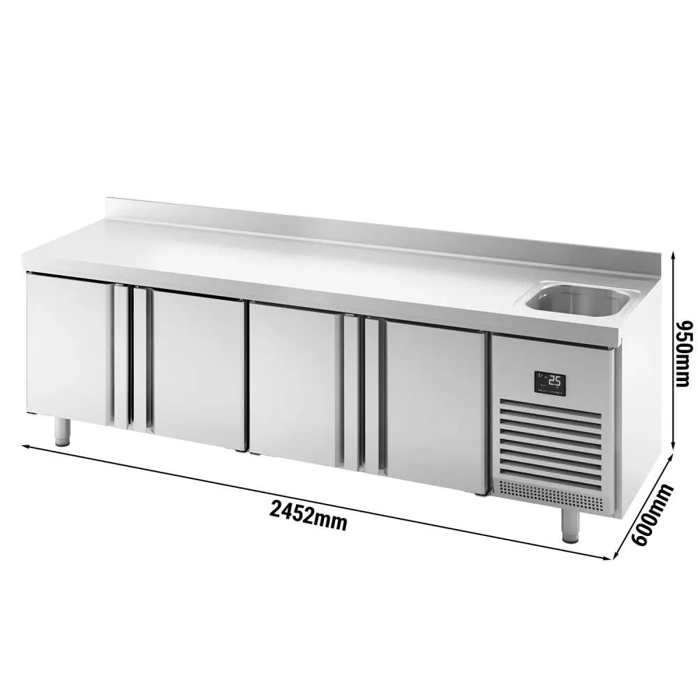 Професионална хладилна маса PREMIUM PLUS - 2452x600mm - с 4 врати - с мивка - с гръб 100мм - 510 литра