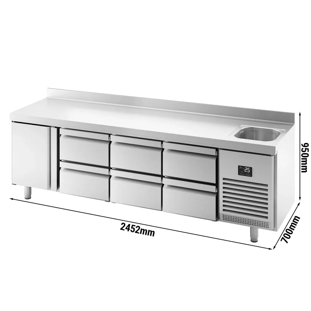 Професионална хладилна маса Premium PLUS - 2452x700mm - с 3 врати - 3 чекмеджета - с мивка - с гръб 100мм
