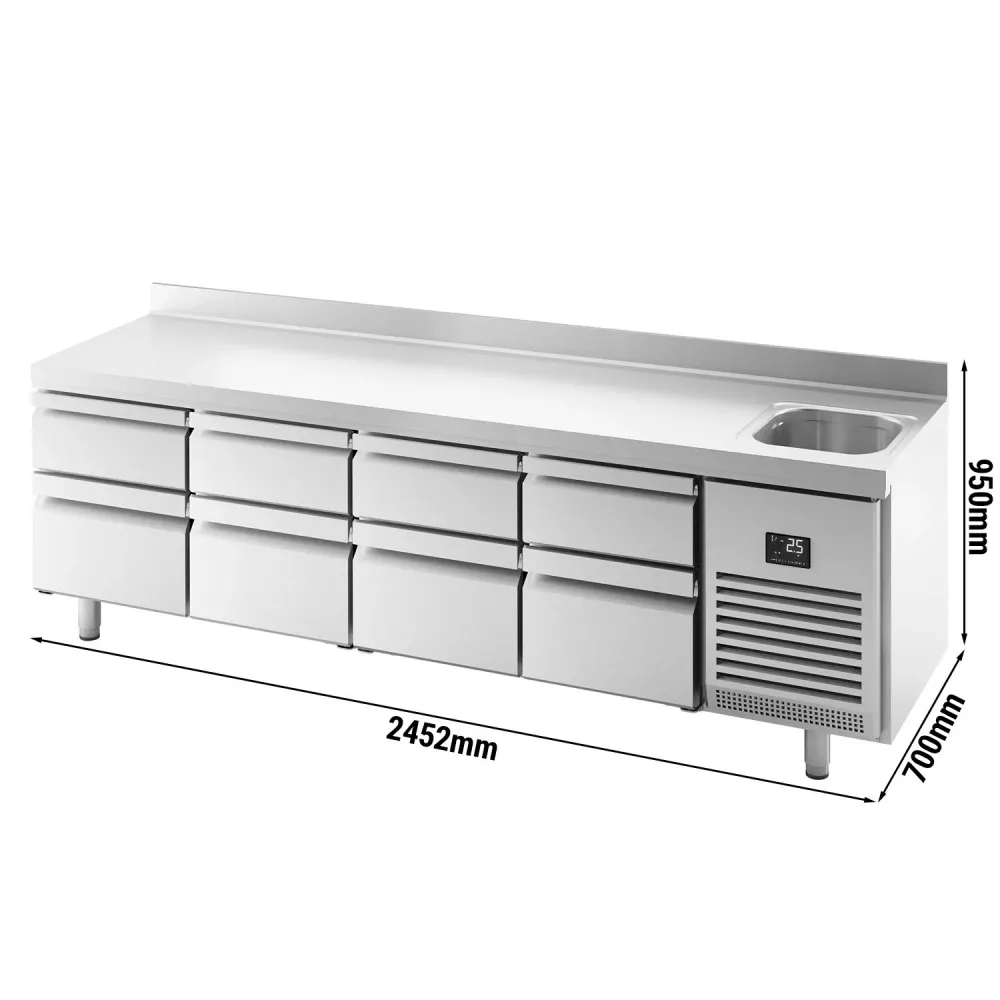Професионална хладилна маса Premium PLUS - 2452x700mm - с 8 чекмеджета - с мивка - с гръб 100мм