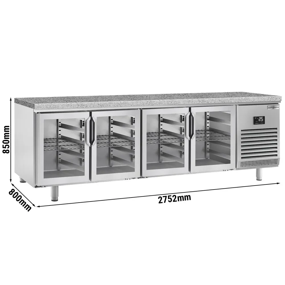 Професионална пекарска хладилна маса PREMIUM PLUS - 2752x800mm - за тави 600x400мм (EN) - с 4 стъклени врати - вентилирано...