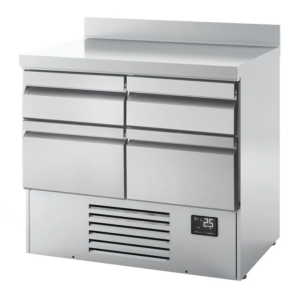 Професионална хладилна маса PREMIUM PLUS - 978x700mm - с 4 чекмеджета - GN 1/1 - вентилирано охлаждане - с гръб 100мм