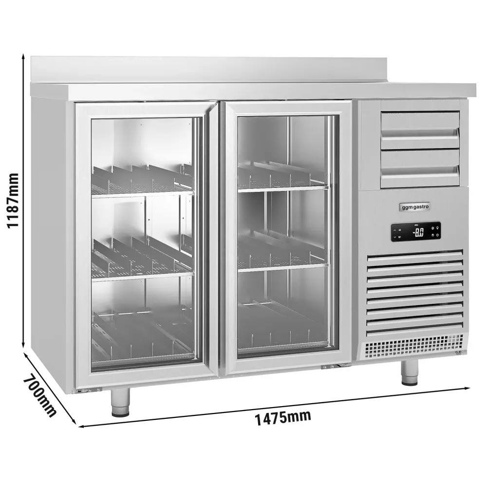 Барова хладилна маса PREMIUM PLUS - SUPERCOOLER - 1475x700mm - с 440 л - с 2 стъклени врати, 6 чекмеджета, със заден борд,...