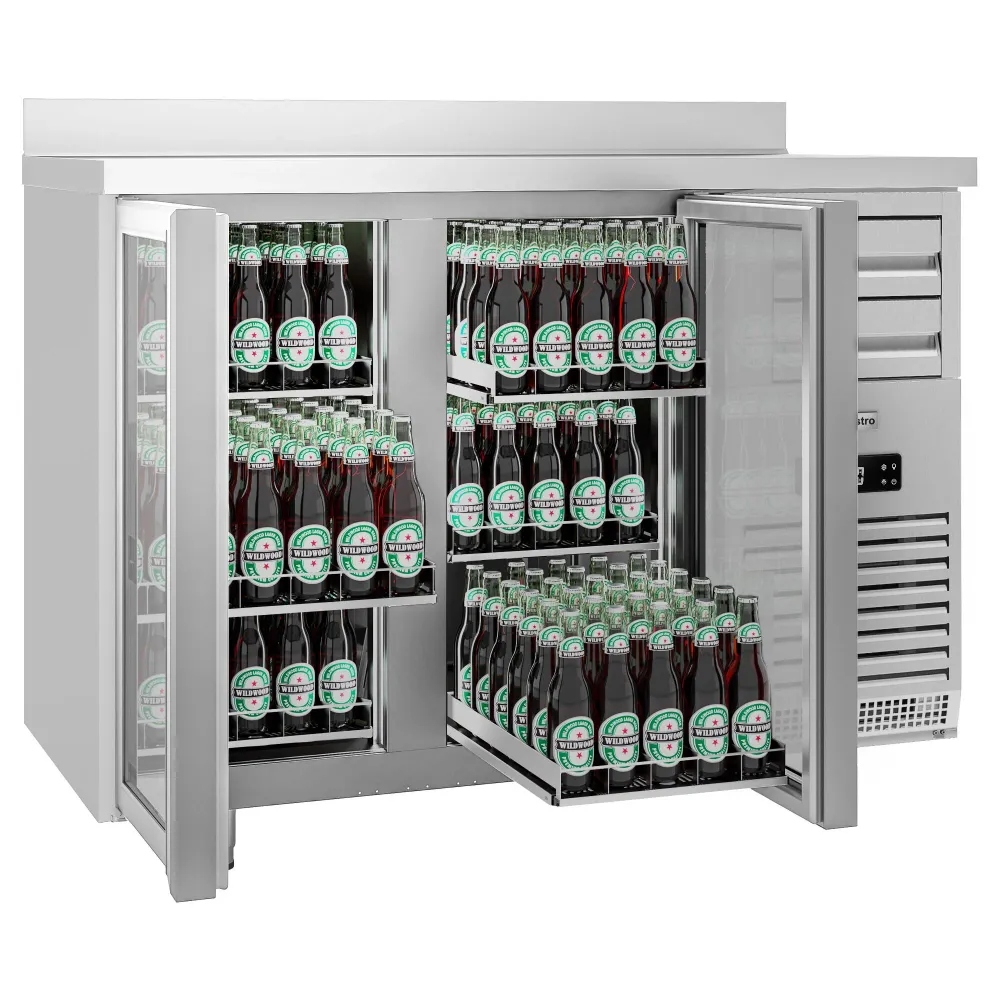 Барова хладилна маса PREMIUM PLUS - SUPERCOOLER - 1475x700mm - с 440 л - с 2 стъклени врати, 6 чекмеджета, със заден борд,...