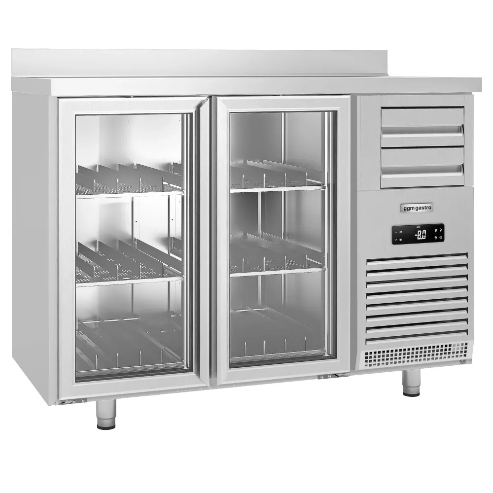 Барова хладилна маса PREMIUM PLUS - SUPERCOOLER - 1475x700mm - с 440 л - с 2 стъклени врати, 6 чекмеджета, със заден борд,...