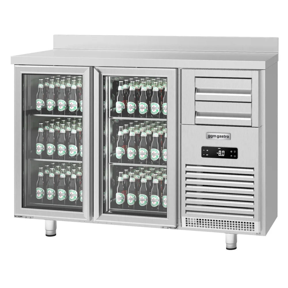 Барова хладилна маса PREMIUM PLUS - SUPERCOOLER - 1475x700mm - с 440 л - с 2 стъклени врати, 6 чекмеджета, със заден борд,...