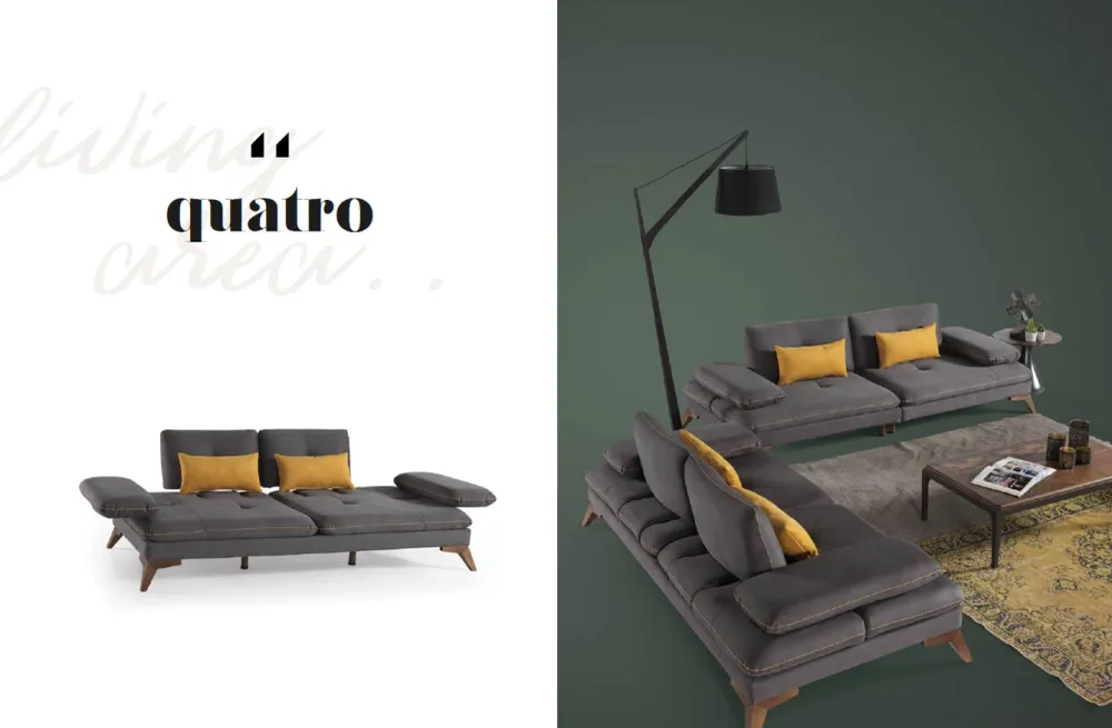 Триместен разтегателен диван «Quatro» + 2 декоративни възглавници, подвижни подлакътници, ширина 265см