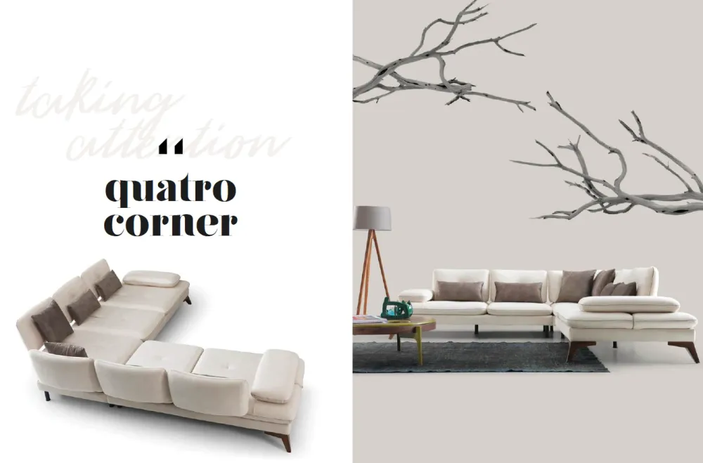Ъглов разтегателен диван «Quatro Corner» + шест декоративни възглавници, подвижни подлакътници, ширина 290см
