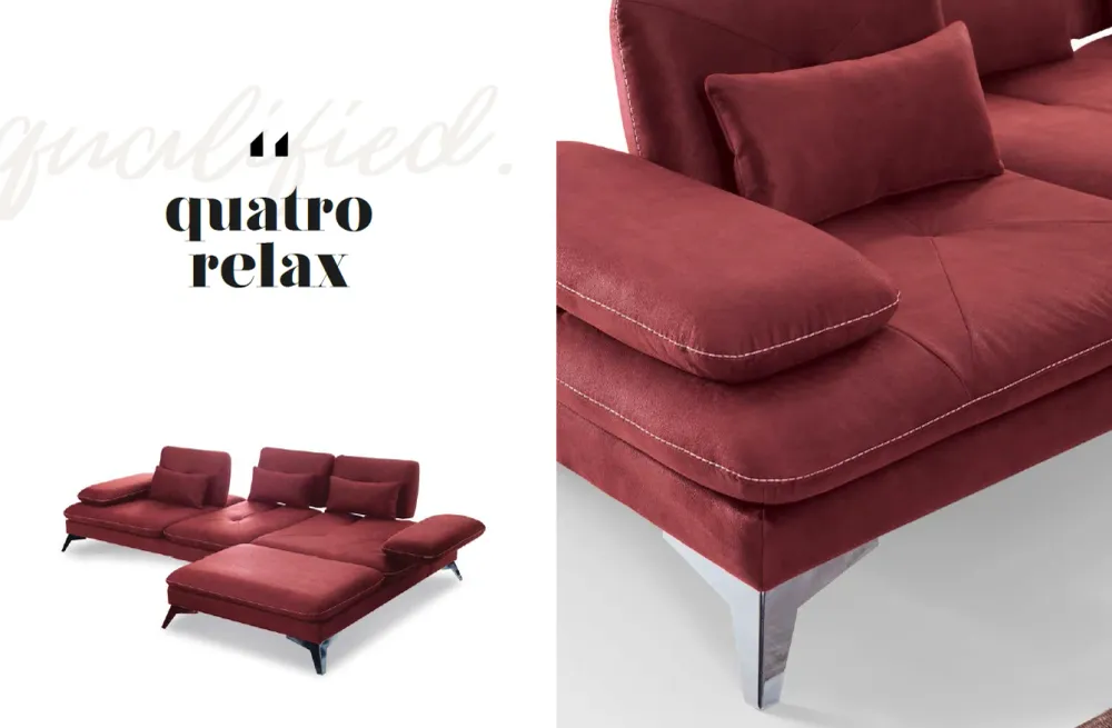 Ъглов разтегателен диван «Quatro Relax» + три декоративни възглавници, подвижни подлакътници, ширина 290см