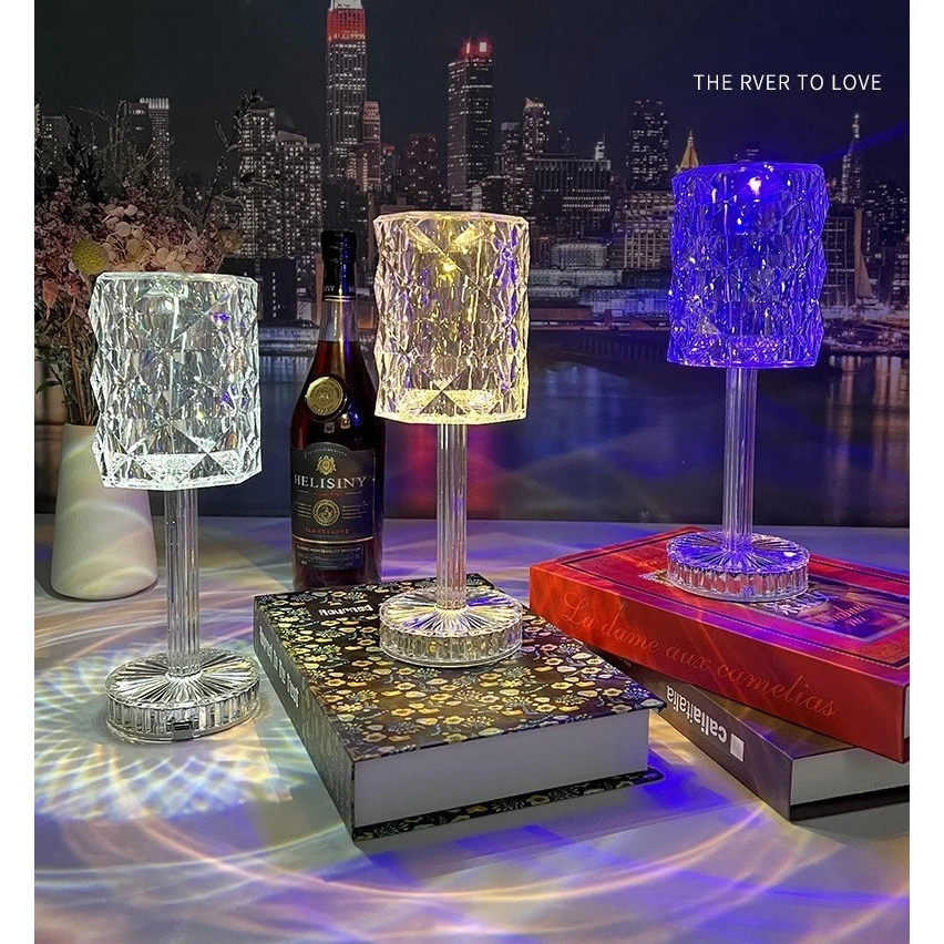 RGB 16 LED настолна лампа, сензорен димер, 3 нива на интензивност, USB зареждане, 3W, акрилен кристал, с дистанционно упра...