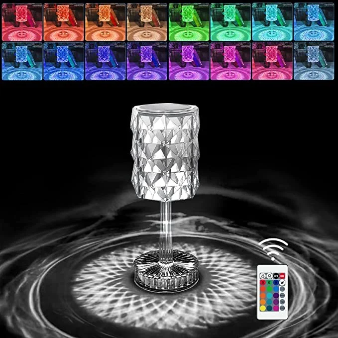 RGB 16 LED настолна лампа, сензорен димер, 3 нива на интензивност, USB зареждане, 3W, акрилен кристал, с дистанционно упра...