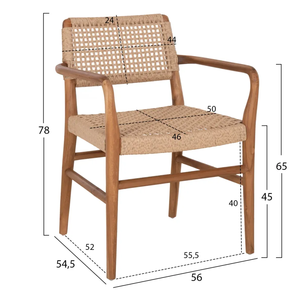 Кресло ROSCO тиково дърво-въже 56x54.5x78см
