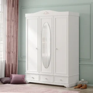 Трикрилен гардероб «Rustic White» с огледална врата, ширина 140см