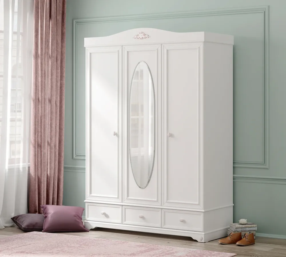Трикрилен гардероб «Rustic White» с огледална врата, ширина 140см