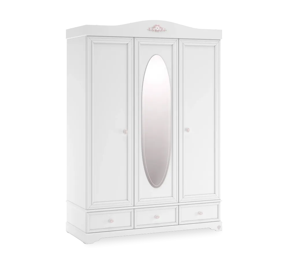 Трикрилен гардероб «Rustic White» с огледална врата, ширина 140см