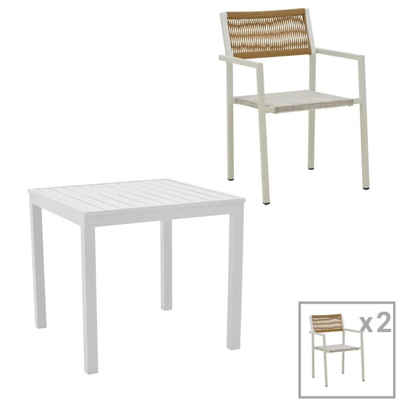 Комплект Savor-Kliton 3бр бял алуминий и ратан в естествен цвят с маса 80x80x74см