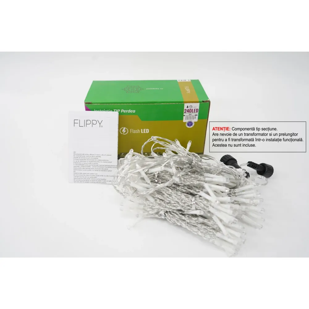 Sectiune Instalatie de Craciun Flippy Tip Perdea, cu Flash, 2 m x 2 m, 240 LED-uri, Interconectabila, Fir Transparent, Alb...