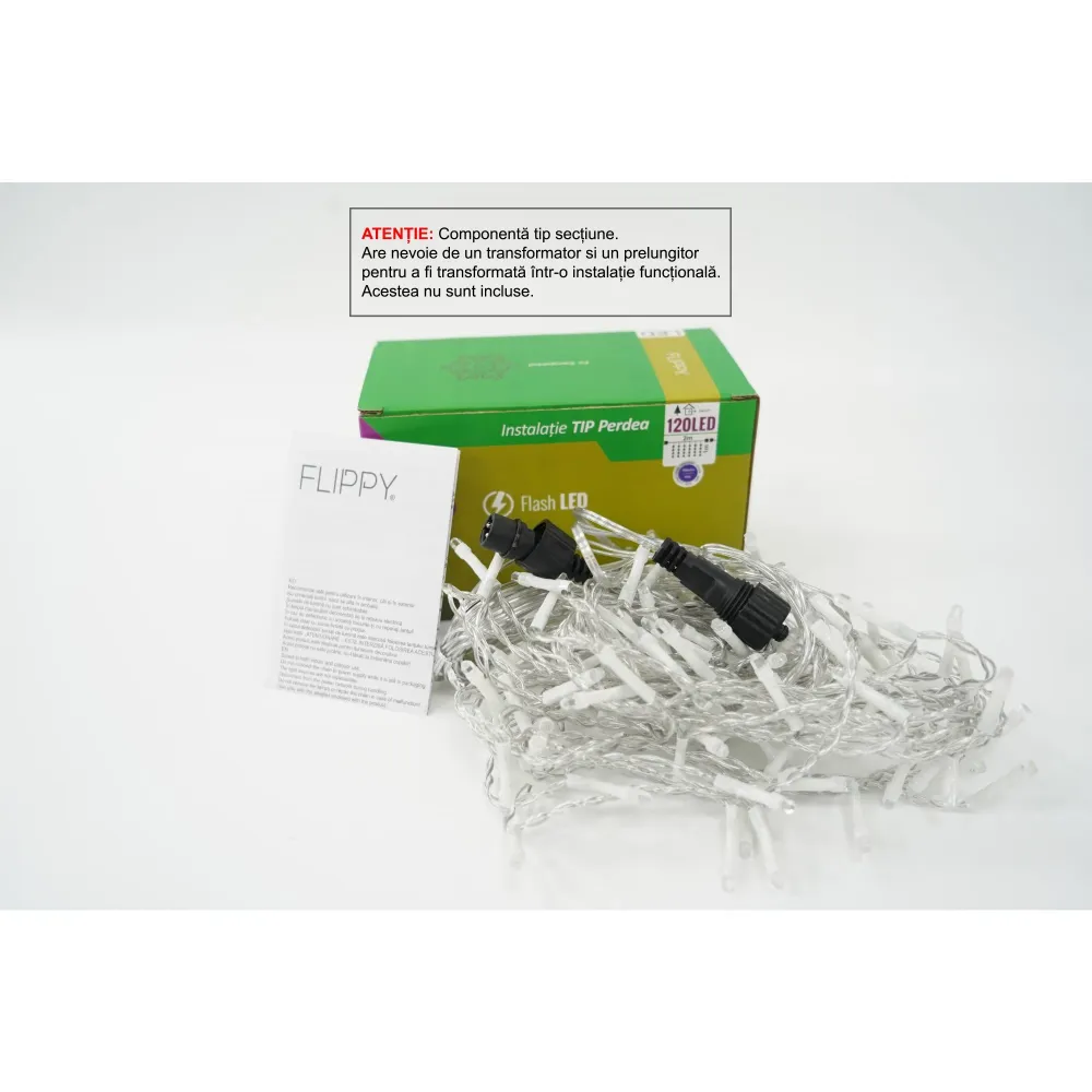 Sectiune Instalatie de Craciun Flippy Tip Perdea, cu Flash, 2 m x 1 m, 120 LED-uri, Interconectabila, Fir Transparent, Alb...