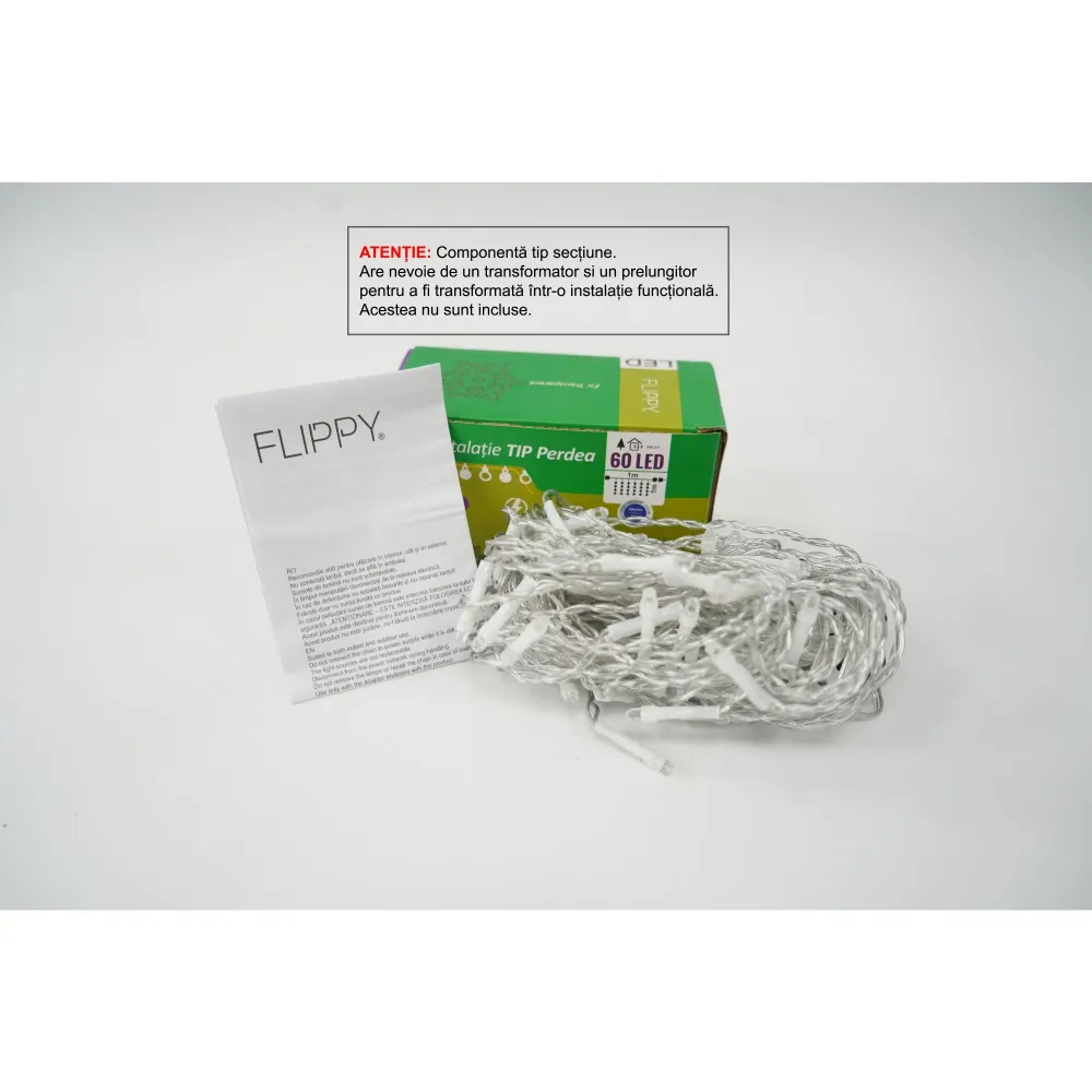 Sectiune Instalatie de Craciun Flippy Tip Perdea, cu Flash, 1 m x 1 m, 60 LED-uri, Interconectabila, Fir Transparent, Alba...