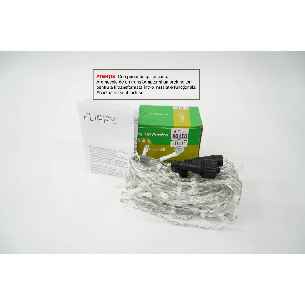 Sectiune Instalatie de Craciun Flippy Tip Perdea, cu Flash, 1 m x 1 m, 60 LED-uri, Interconectabila, Fir Transparent, Alb-...
