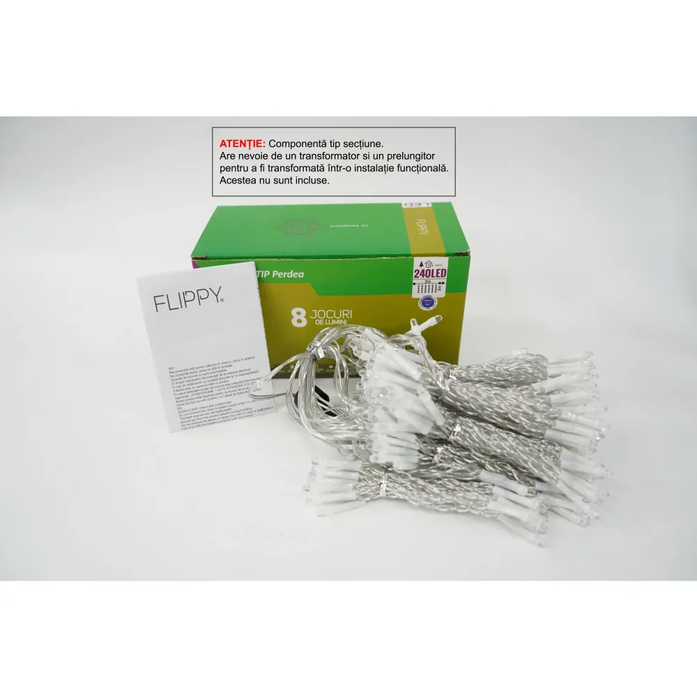Sectiune Instalatie de Craciun Flippy Tip Perdea, 8 jocuri de lumini, 2m x2 m, 240 LED-uri, Interconectabila, Fir Transpar...
