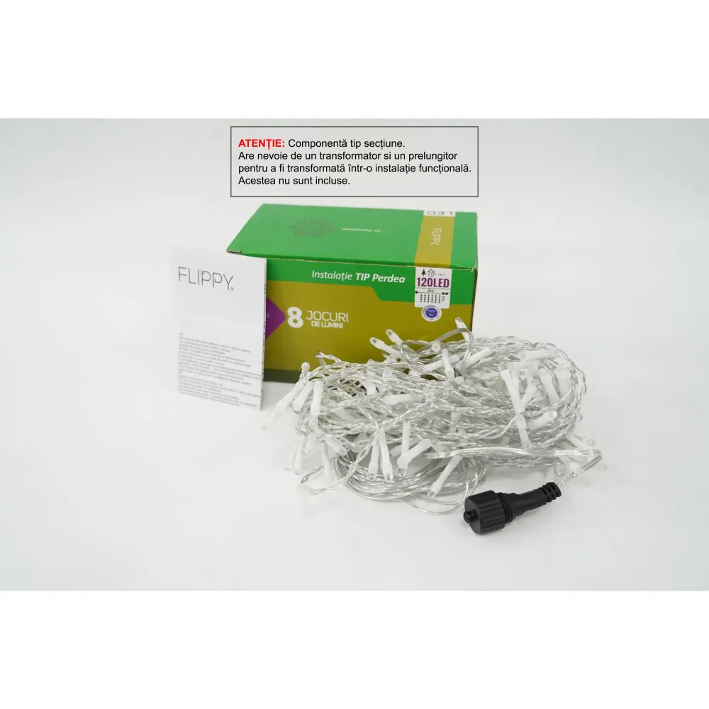 Sectiune Instalatie de Craciun Flippy Tip Perdea, 8 jocuri de lumini, 2m x1 m, 120 LED-uri, Interconectabila, Fir Transpar...