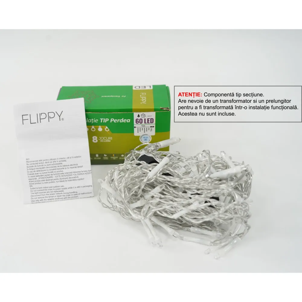 Sectiune Instalatie de Craciun Flippy Tip Perdea, 8 jocuri de lumini, 1x1 m, 60 LED-uri, Interconectabila, Fir Transparent...