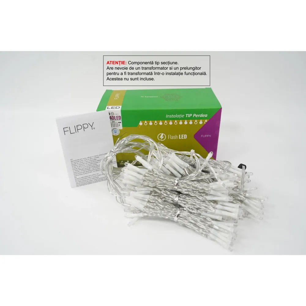 Sectiune Instalatie de Craciun Flippy Tip Perdea, cu Flash, 2 m x 2 m, 240 LED-uri, Interconectabila, Fir Transparent, Alb...