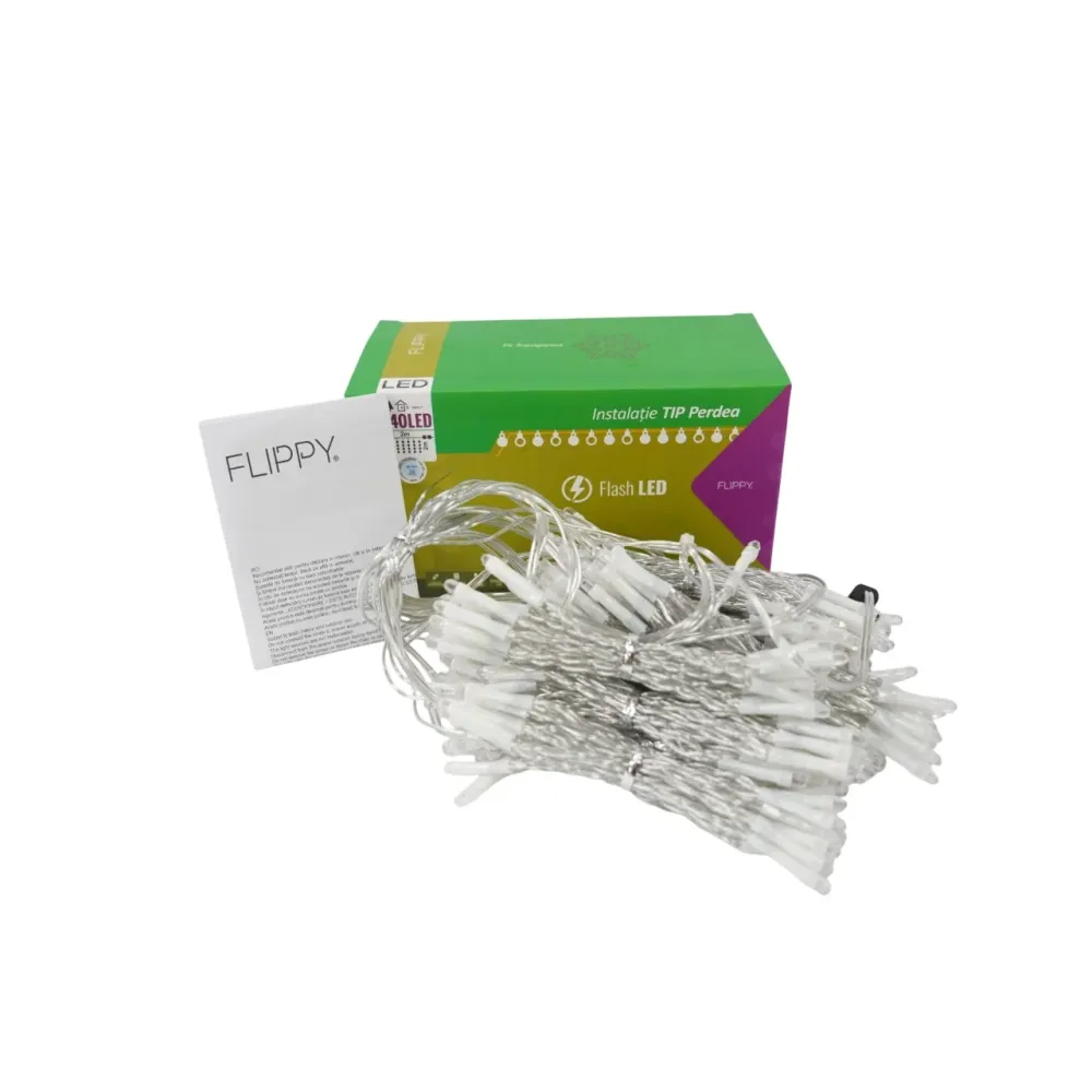 Sectiune Instalatie de Craciun Flippy Tip Perdea, cu Flash, 2 m x 2 m, 240 LED-uri, Interconectabila, Fir Transparent, Alb...