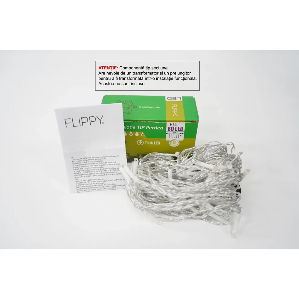 Sectiune Instalatie de Craciun Flippy Tip Perdea, cu Flash, 1 m x 1 m, 60 LED-uri, Interconectabila, Fir Transparent, Alb-...