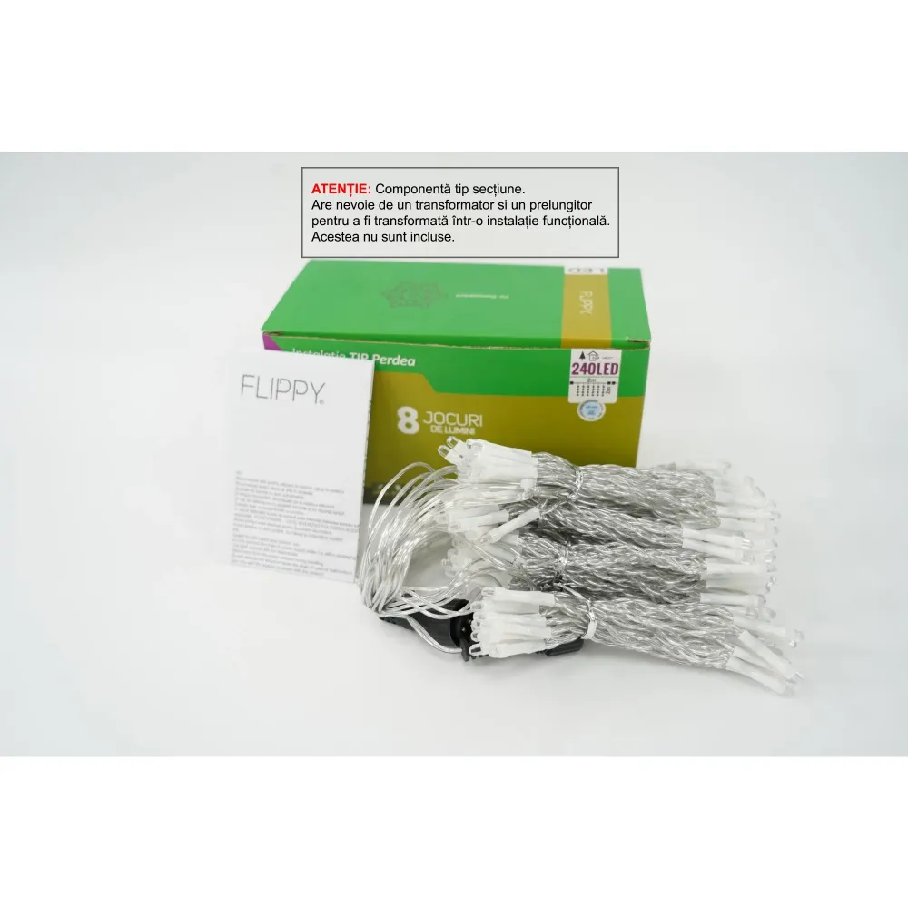 Sectiune Instalatie de Craciun Flippy Tip Perdea, 8 jocuri de lumini, 2m x2 m, 240 LED-uri, Interconectabila, Fir Transpar...