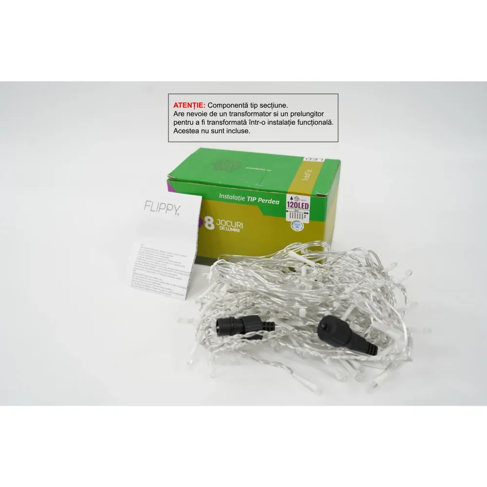 Sectiune Instalatie de Craciun Flippy Tip Perdea, 8 jocuri de lumini, 2m x1 m, 120 LED-uri, Interconectabila, Fir Transpar...