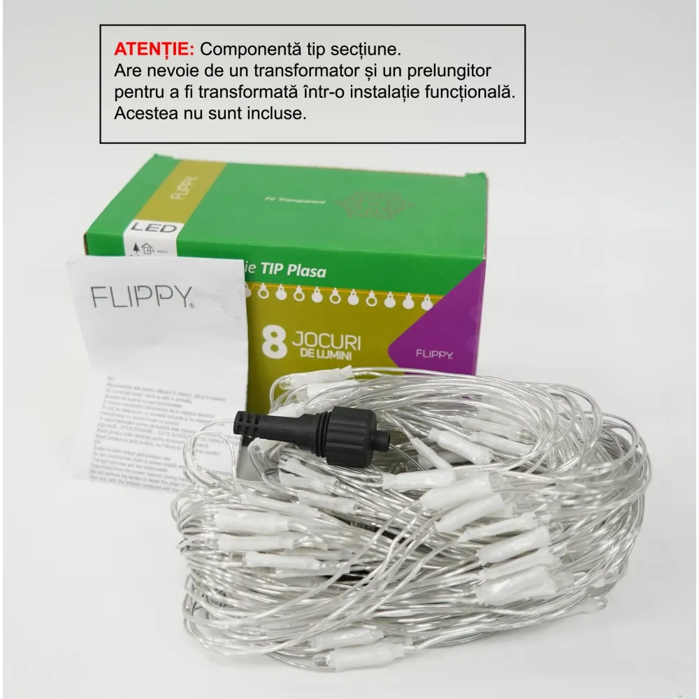 Sectiune Instalatie de Craciun Flippy, Tip Plasa, 160 LED-uri, 2 m x 2 m, 8 jocuri de lumini, Interconectabila, Fir transp...