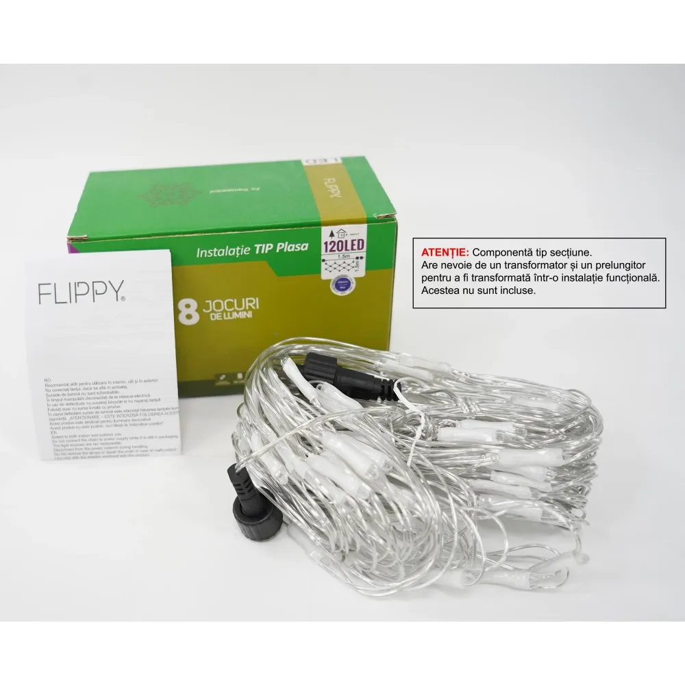 Sectiune Instalatie de Craciun Flippy, Tip Plasa, 120 LED-uri, 1.5 x 1.5 m, 8 jocuri de lumini, Interconectabila, Fir tran...