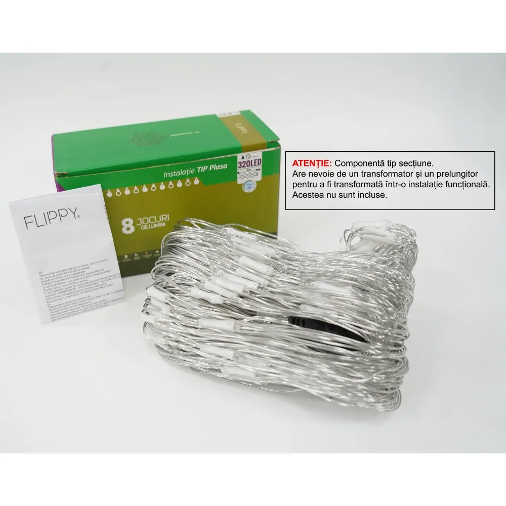 Sectiune Instalatie de Craciun Flippy, Tip Plasa, 320 LED-uri, 3 m x 3 m, 8 jocuri de lumini, Interconectabila, Fir transp...