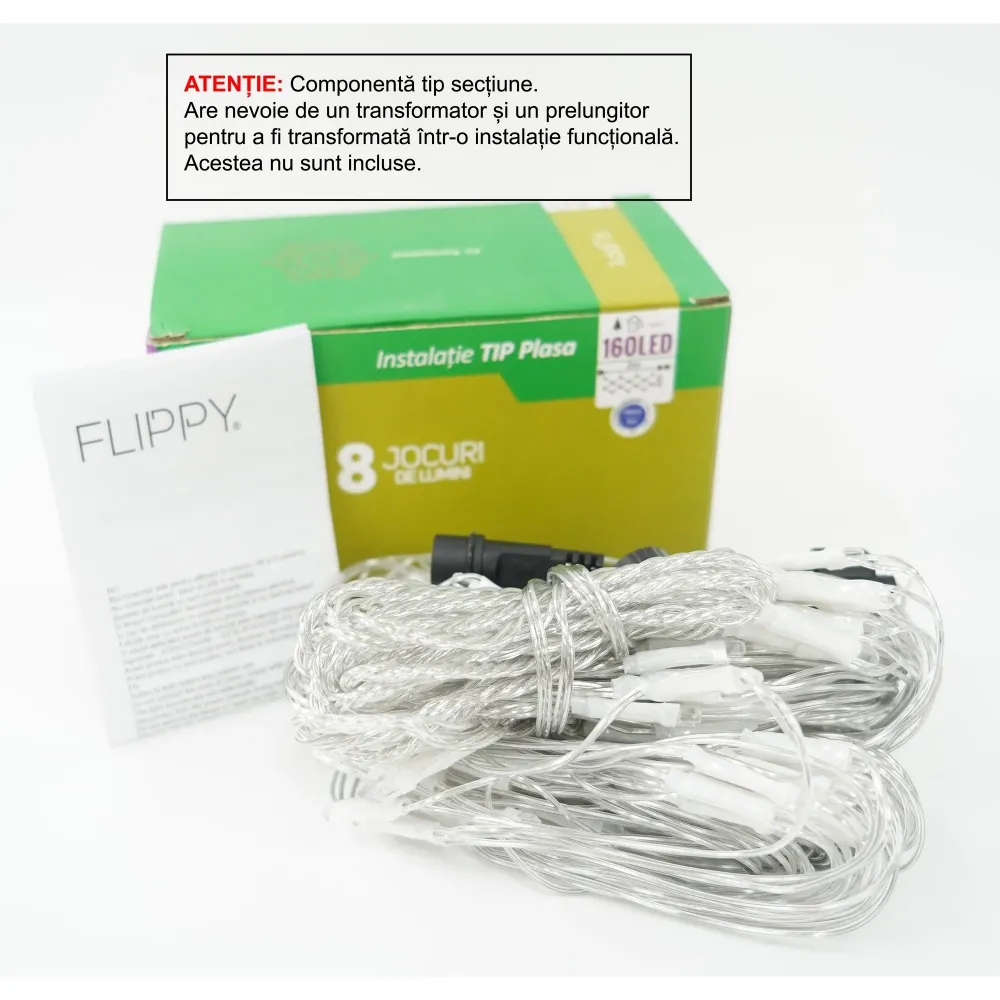 Sectiune Instalatie de Craciun Flippy, Tip Plasa, 160 LED-uri, 2 m x 2 m, 8 jocuri de lumini, Interconectabila, Fir transp...