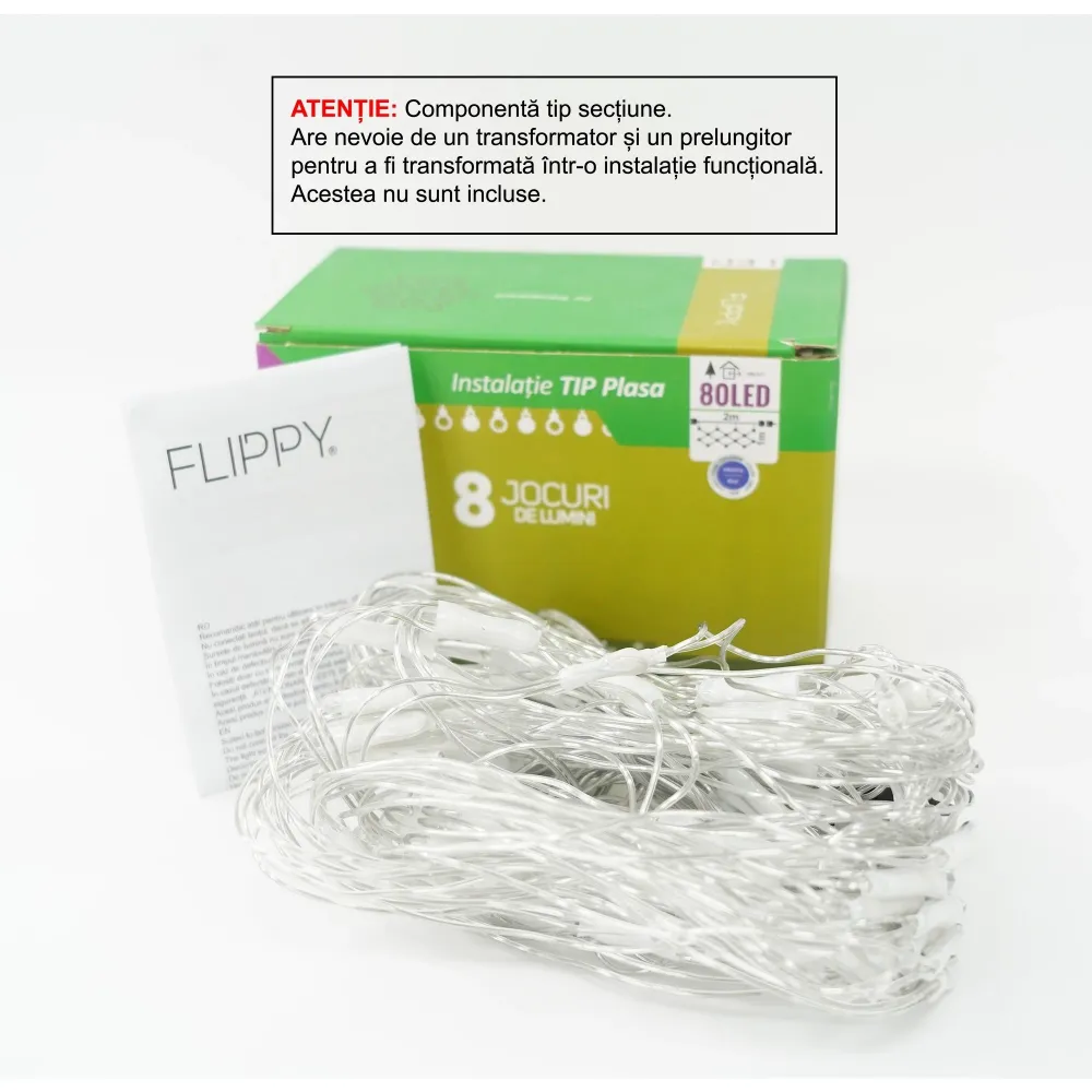 Sectiune Instalatie de Craciun Flippy, Tip Plasa, 80 LED-uri, 2 m x 1 m, 8 jocuri de lumini, Interconectabila, Fir transpa...