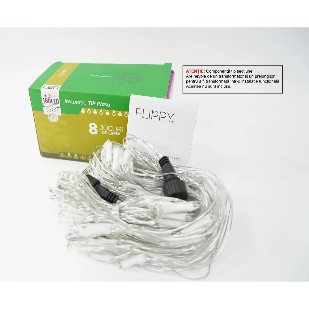 Sectiune Instalatie de Craciun Flippy, Tip Plasa, 160 LED-uri, 2 m x 2 m, 8 jocuri de lumini, Interconectabila, Fir transp...