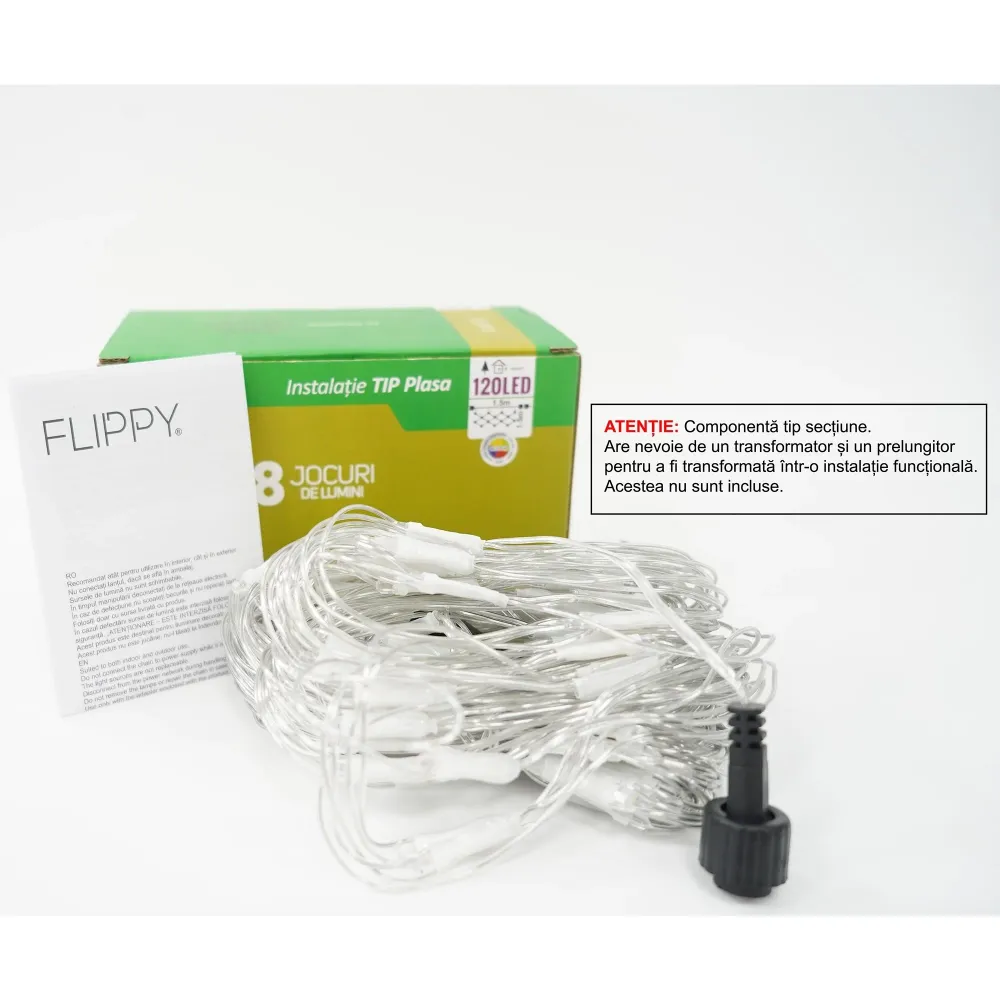 Sectiune Instalatie de Craciun Flippy, Tip Plasa, 120 LED-uri, 1.5 x 1.5 m, 8 jocuri de lumini, Interconectabila, Fir tran...