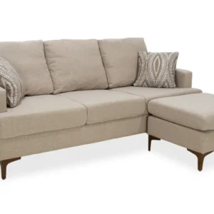 Ъглов диван Slim с бежов плат и две възглавници 185x140x70см