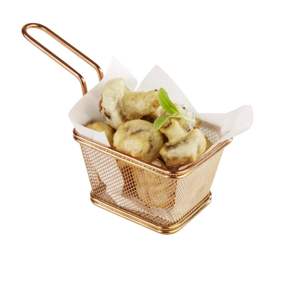 (6 бр.) Кошничка за сервиране на пържени картофи - SNACKHOLDER - неръждаема стомана - правоъгълна - 100x85mm - Мед